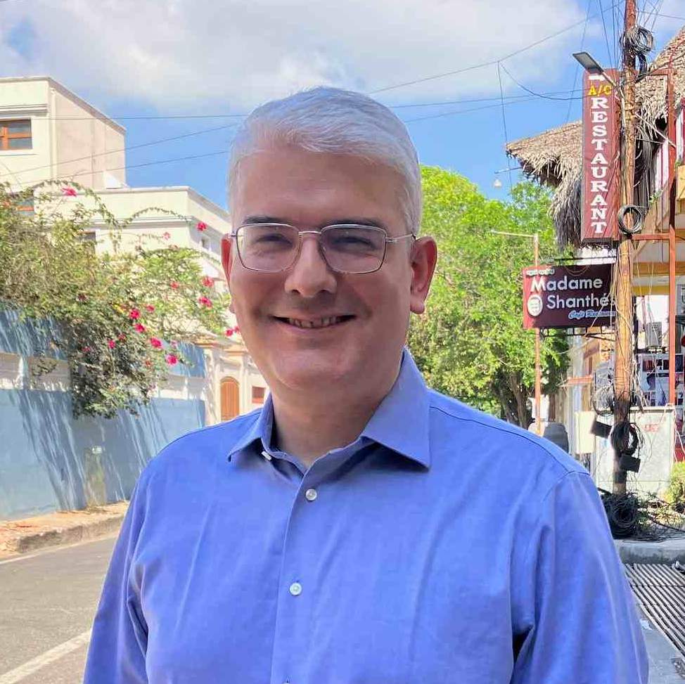 Nicolas Martin, founder of Kormaitech, on a street in Pondicherry, India.
