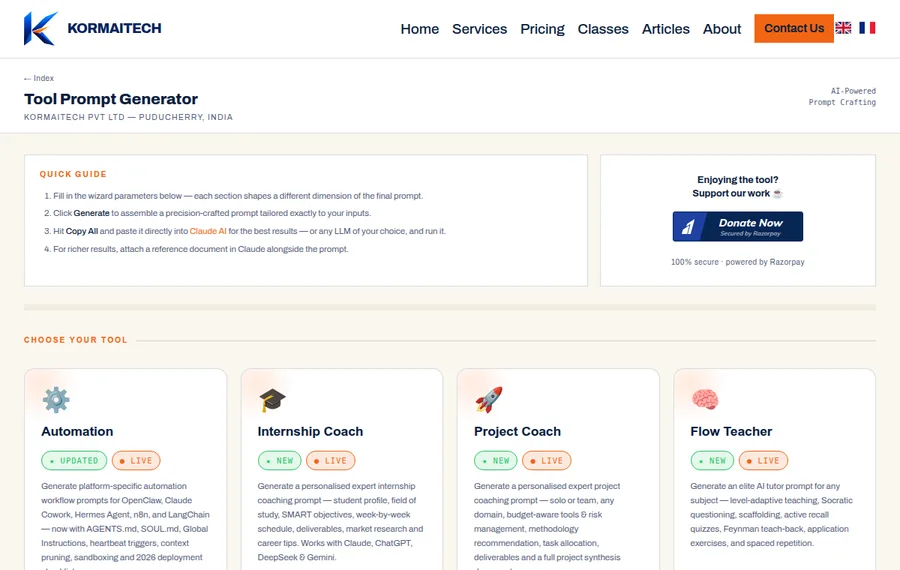 The Prompt Generator: a step-by-step wizard that builds a complete AI prompt.